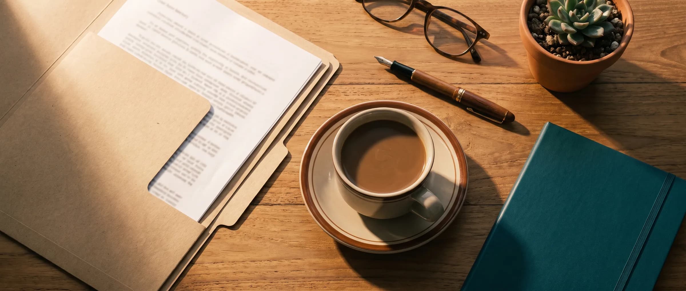 A folder of documents, a fountain pen and a cup of coffee on a sunlit desk