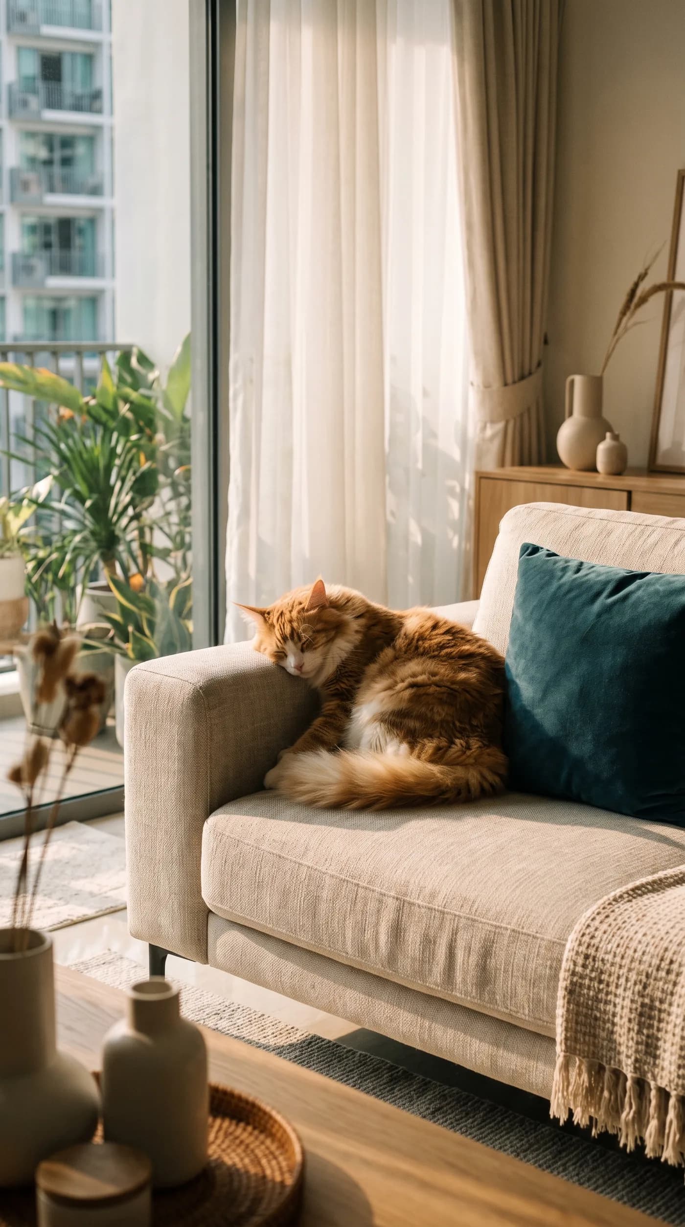 A cat asleep on a sofa in a sunlit apartment living room